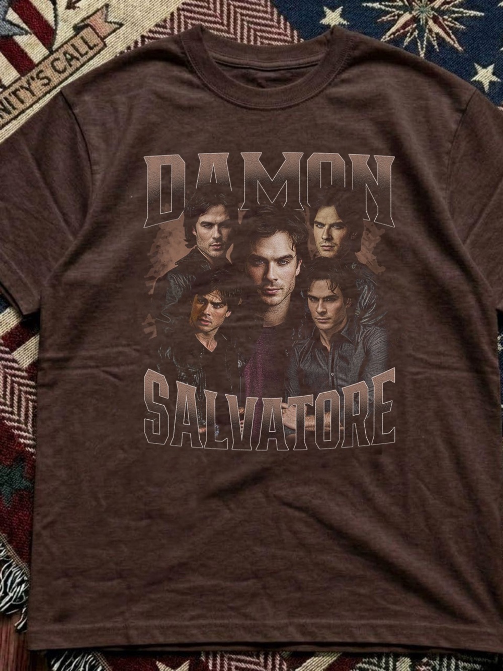 Gildan Brown Damon Salvatore Graphic Short Sleeve Tee